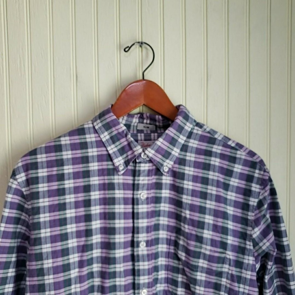 J.Crew Shirt Mens Large Purple Green Plaid Broken-In Oxford Slim Fit Cotton